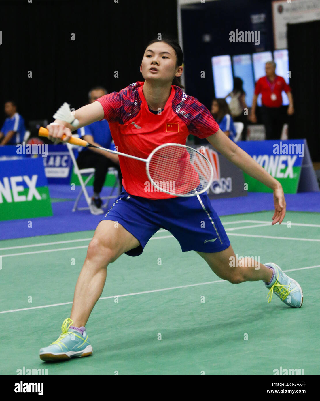 June 14, 2018 - Los Angeles, California, U.S - Han Yue of China, competes  against Busanan Ongbamrungphan of Thailand, in their women's singles during  the second round of U.S. Open Badminton Championships