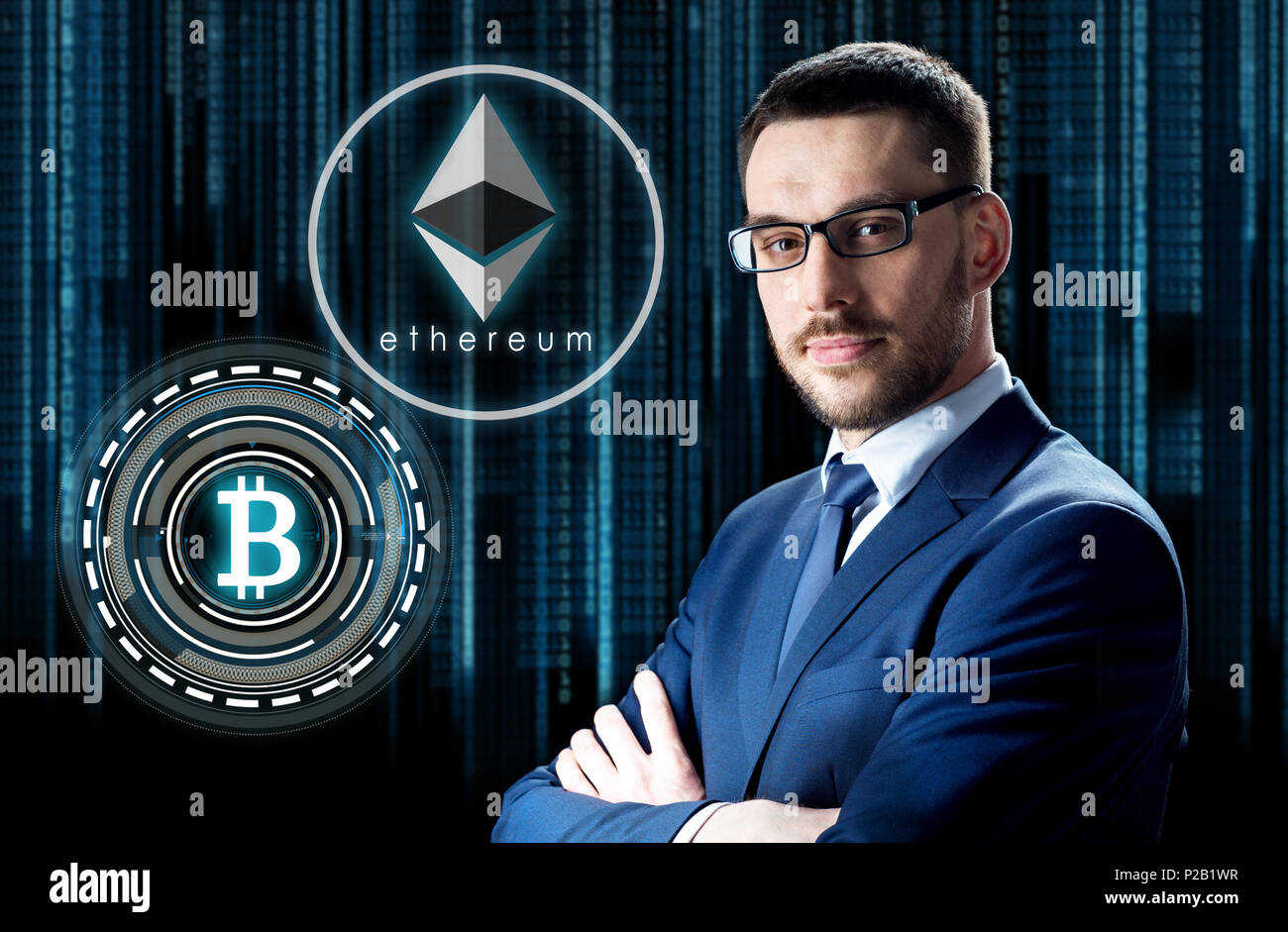 businessman with cryptocurrency holograms Stock Photo
