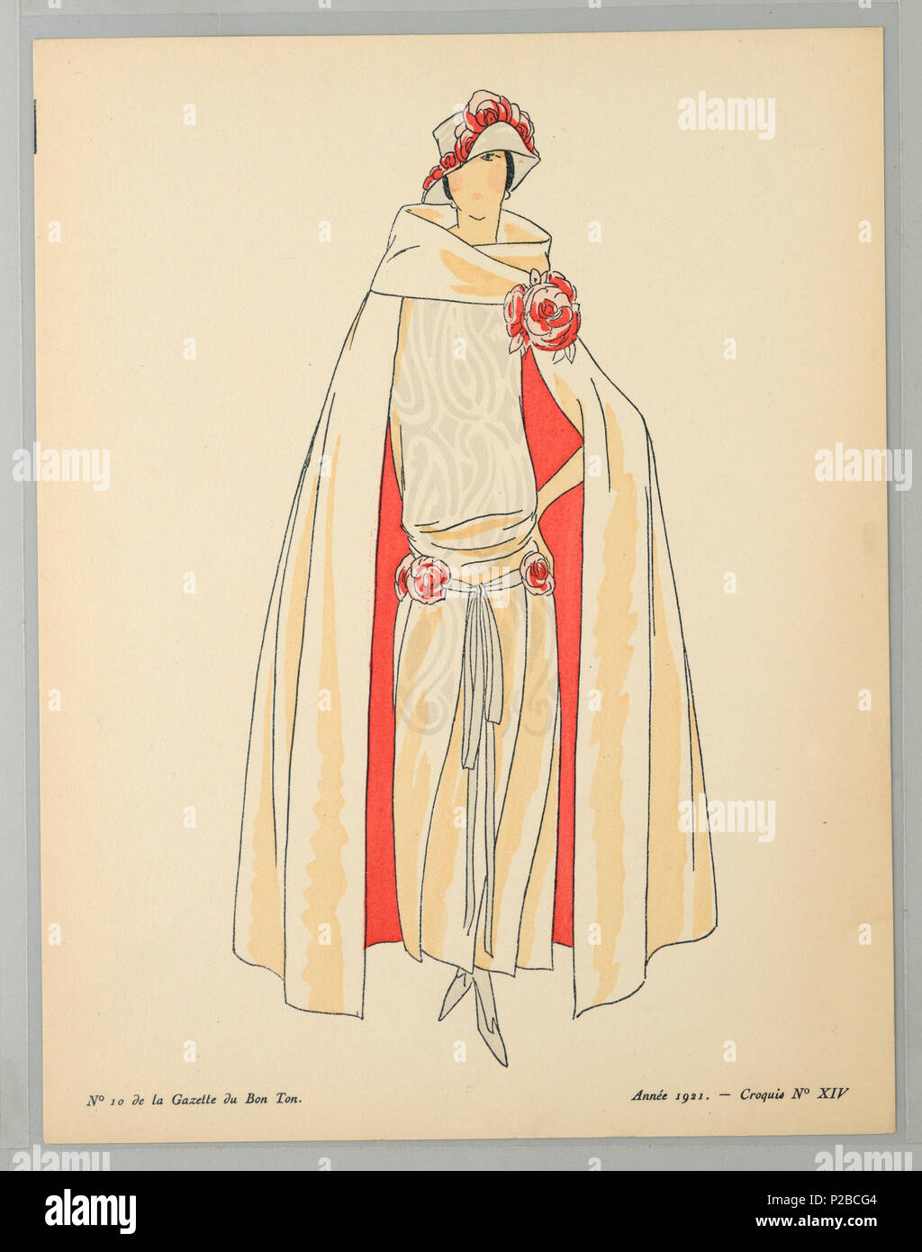 .  English: Print, Sketch No. XIV, from La Gazette du Bon Ton, No. 10, 1921 .  English: Center woman stands draped in a cream cape with pink lining, the thick cowl neck collar is clasped by a rose. Underneath she wears a matching drop waist dress with rose decorated sash and hat. . 1921 269 Print, Sketch No. XIV, from La Gazette du Bon Ton, No. 10, 1921 (CH 18614957) Stock Photo