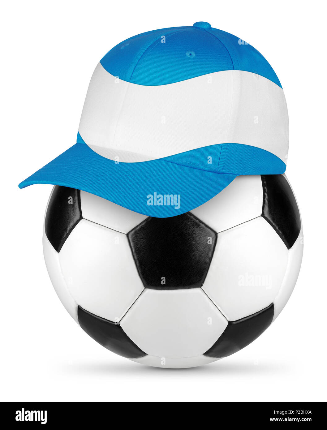 Classic black white leather soccer ball with argentina argentinian flag baseball fan cap isolated background sport football concept Stock Photo