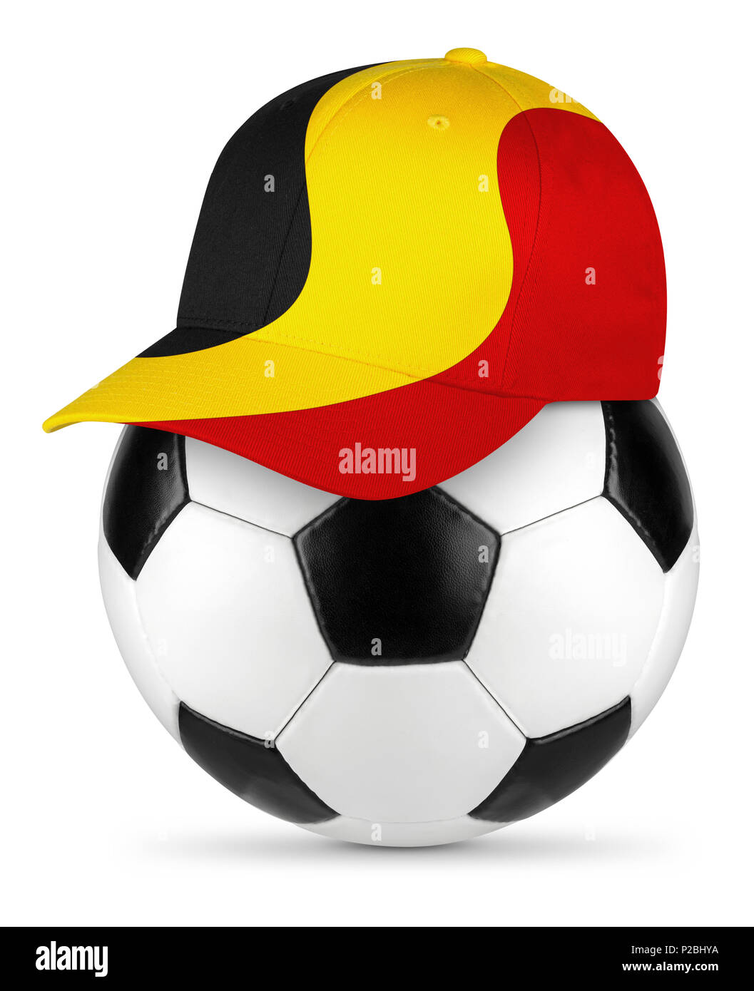 Classic black white leather soccer ball belgium belgian flag baseball fan cap isolated background sport football concept Stock Photo