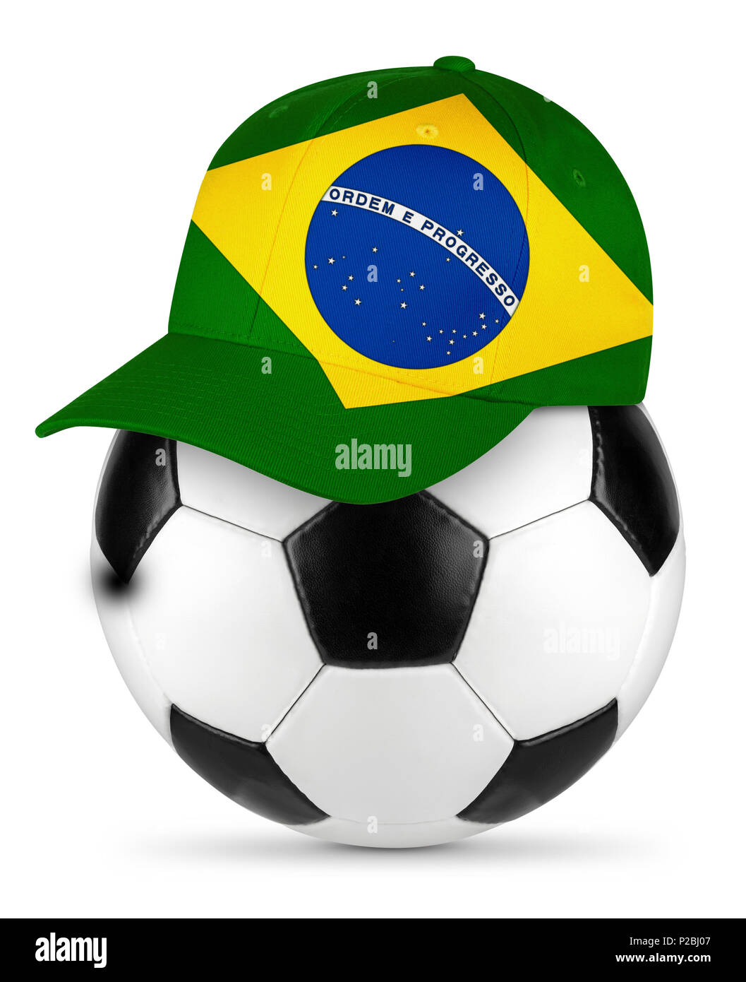 Classic black white leather soccer ball with brazil brazilian baseball fans cap isolated background sport football concept Stock Photo