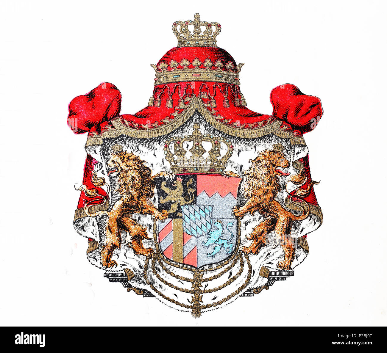 Coat of arms of the kingdom of bavaria, germany, Wappen des Königreich Bayern, Deutschland, digital improved reproduction from an original print from the 19th century, 1881 Stock Photo