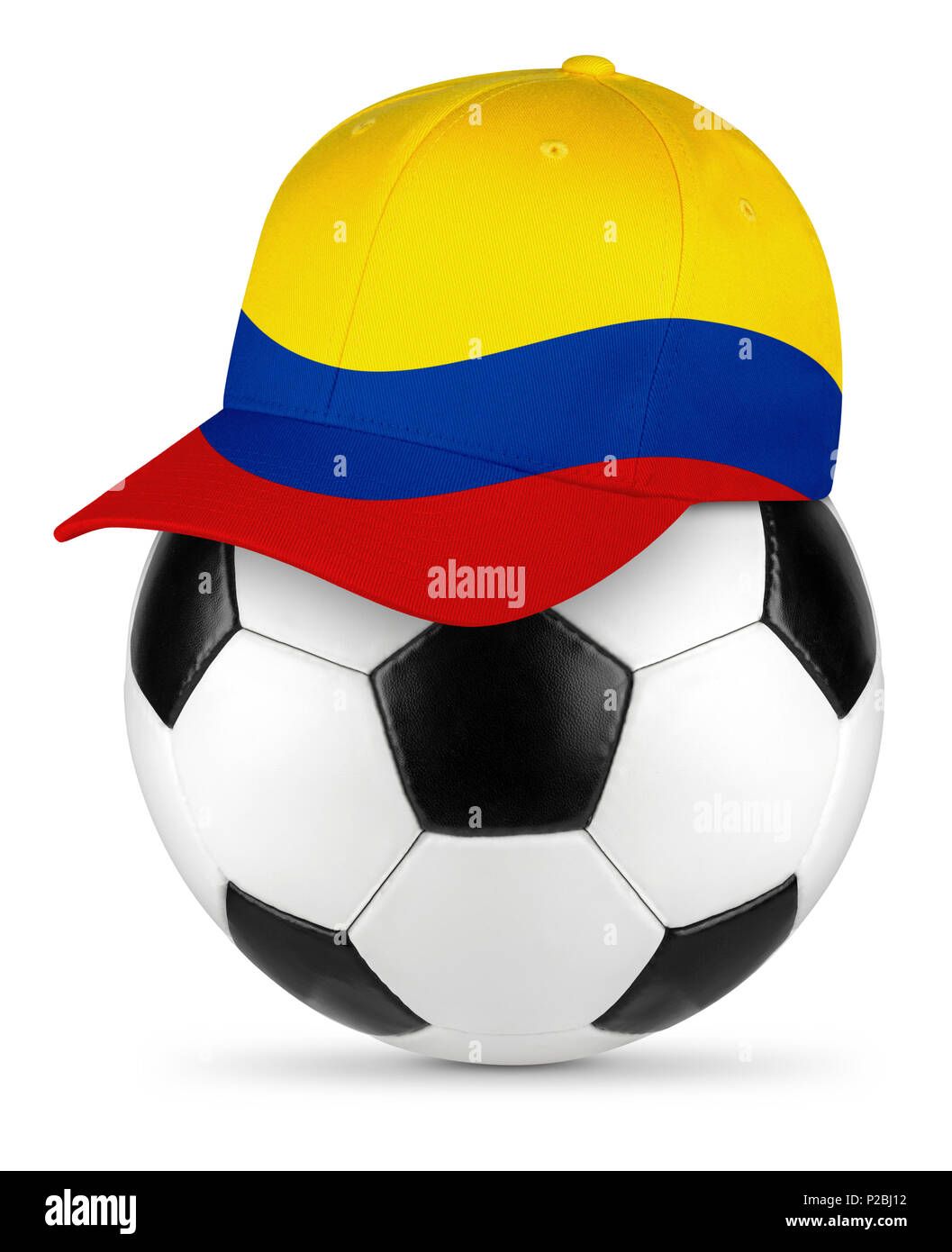 Classic black white leather soccer ball columbia columbian flag baseball fan cap isolated background sport football concept Stock Photo
