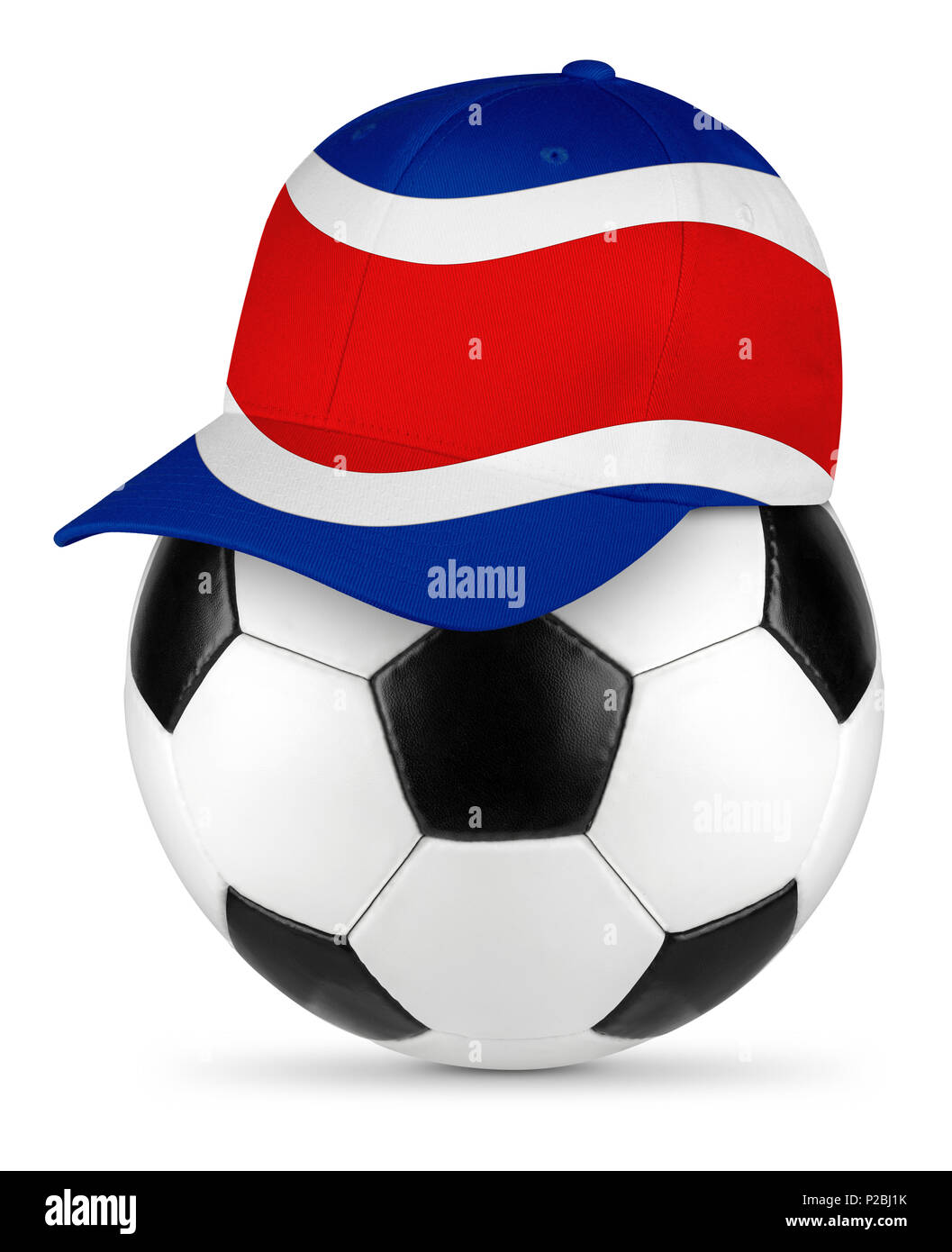 Classic black white leather soccer ball costa rica flag baseball fan cap isolated background sport football concept Stock Photo