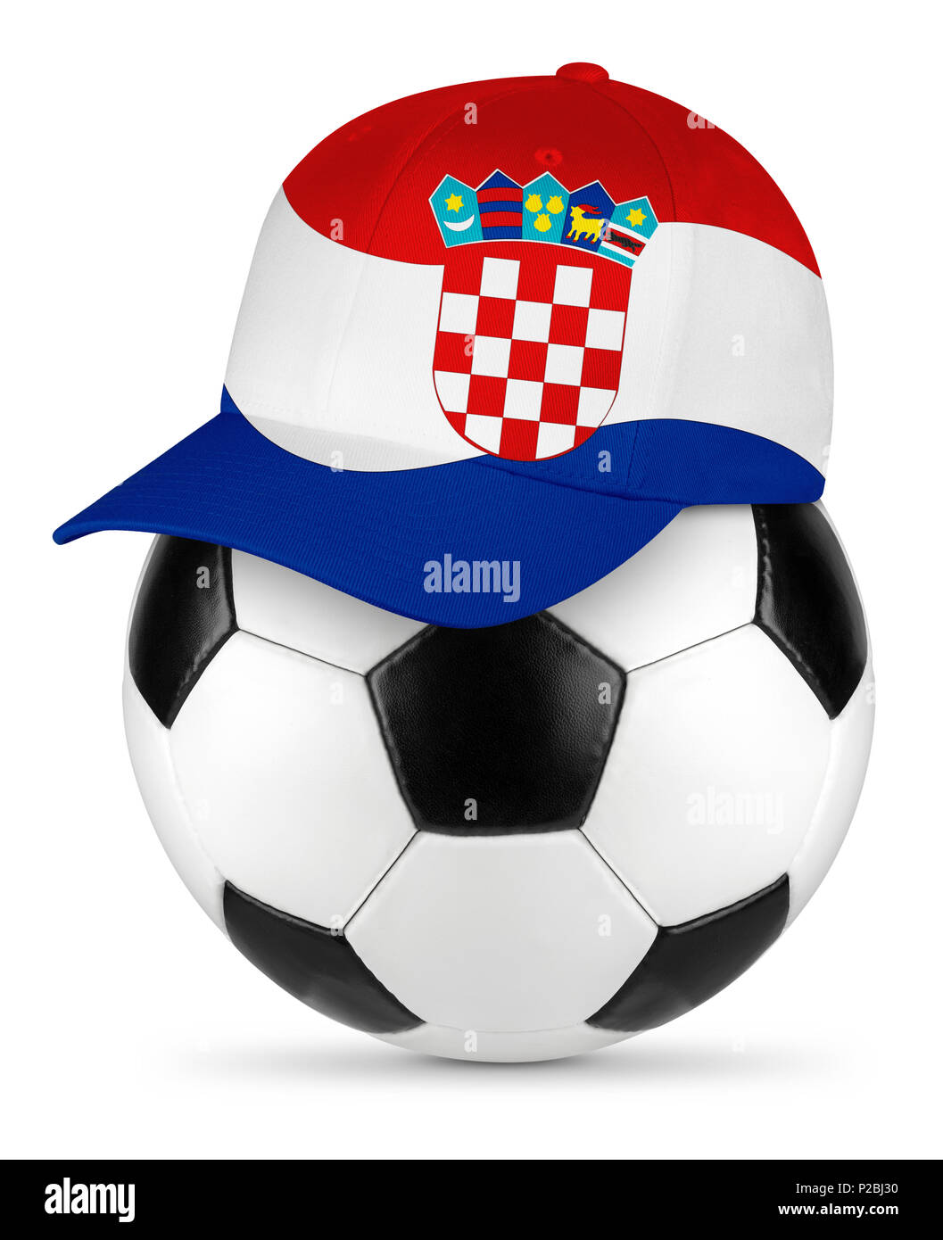 Classic black white leather soccer ball croatia croatian flag baseball fan cap isolated background sport football concept Stock Photo