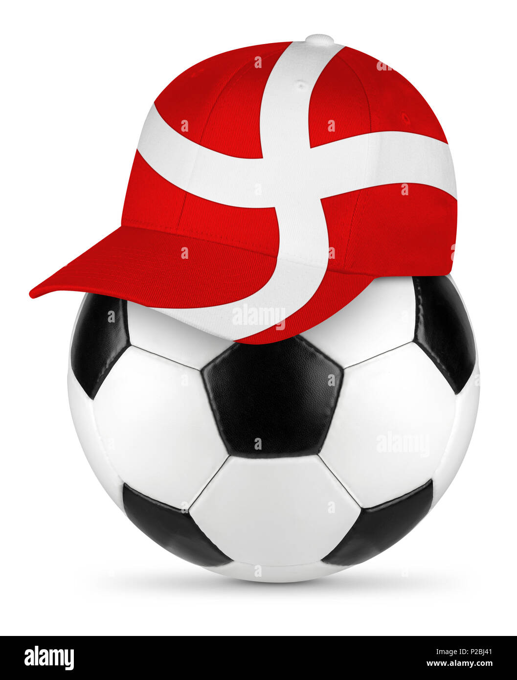 Classic black white leather soccer ball with denmark danish flag baseball fan cap isolated background sport football concept Stock Photo