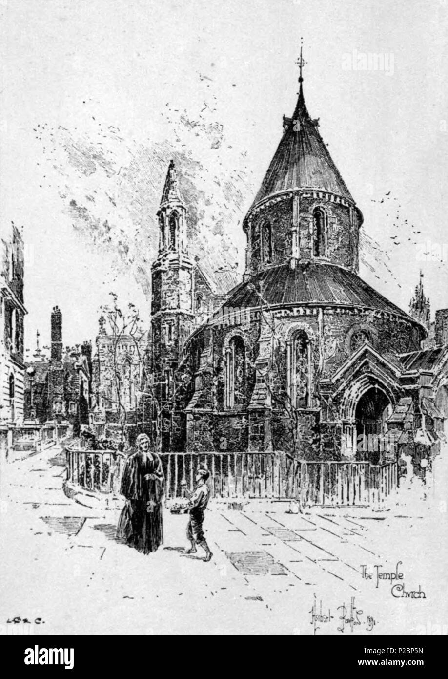 . English: Herbert Railton's illustration of the Temple Church . 1891. Herbert Railton (1857–1910)[1] 146 Herbert Railton - Temple Church Stock Photo