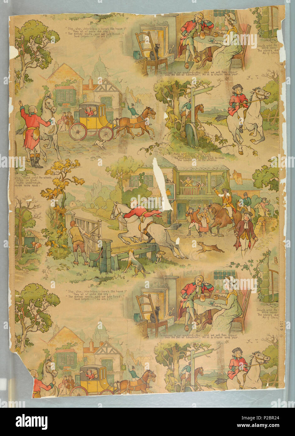 .  English: Sidewall, History of John Gilpin, 1908 .  English: Nursery or children's paper with scenes from the poem 'John Gilpin', in random arrangement with lines from the poem accompanying each medallion. Highway and tavern scenes. Printed in greens, reds, browns and yellows on glazed cream ground. Being printed with intaglio rollers in oil colors allowed this paper to be wiped clean. . 1908 292 Sidewall, History of John Gilpin, 1908 (CH 18401559) Stock Photo