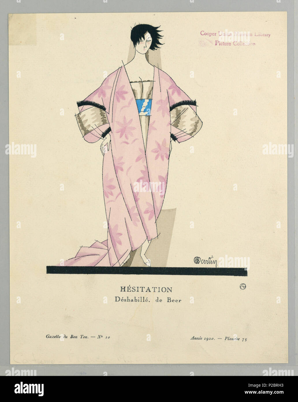 .  English: Print (France), 1920 .  English: The caption reads: Hésitation / Déshabillé, de Beer. Center woman stands in pink floral kimono-inspired dress with wide sleeves and belted with thick blue sash. Woman has short cropped black hair and stand with hands on hips. . 1920 261 Print (France), 1920 (CH 18614939) Stock Photo