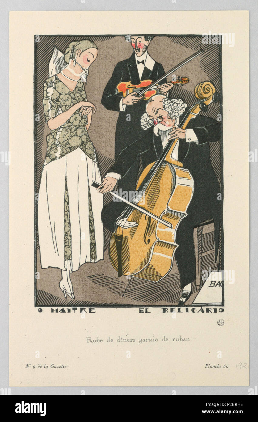 .  English: Print (France), 1920 .  English: The caption reads: O Maitre El Relicario / Rober de dîners garnie de ruban. Right center an old man in tux sits in a chair playing the cello. Behind him another man in a tux stands hodling his violin across his center. To their left a woman listens clutching her hands togther. She wears a drop waist dress with a dark slate grey floral-patterned wrapped bodice and high sheer collar with matching pleated inserts under a white skirt. . 1920 261 Print (France), 1920 (CH 18614979) Stock Photo