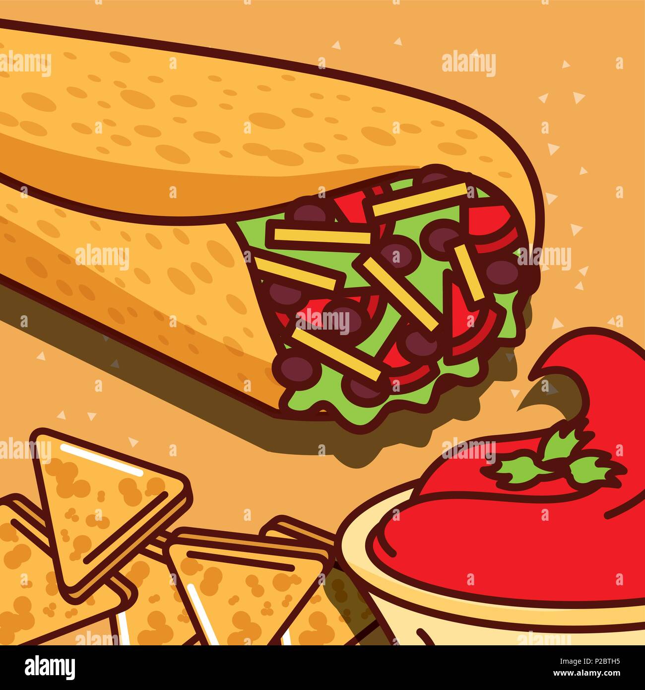 burritos and snack nachos tomato sauce mexican food vector illustration