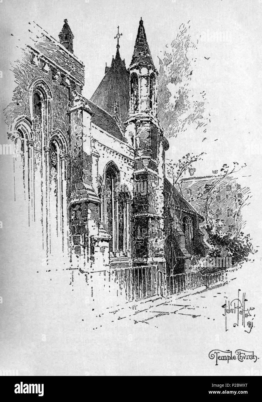 . English: Herbert Railton's illustration of Temple Church . 1891. Herbert Railton (1857–1910)[1] 146 Herbert Railton - Temple Church 2 Stock Photo