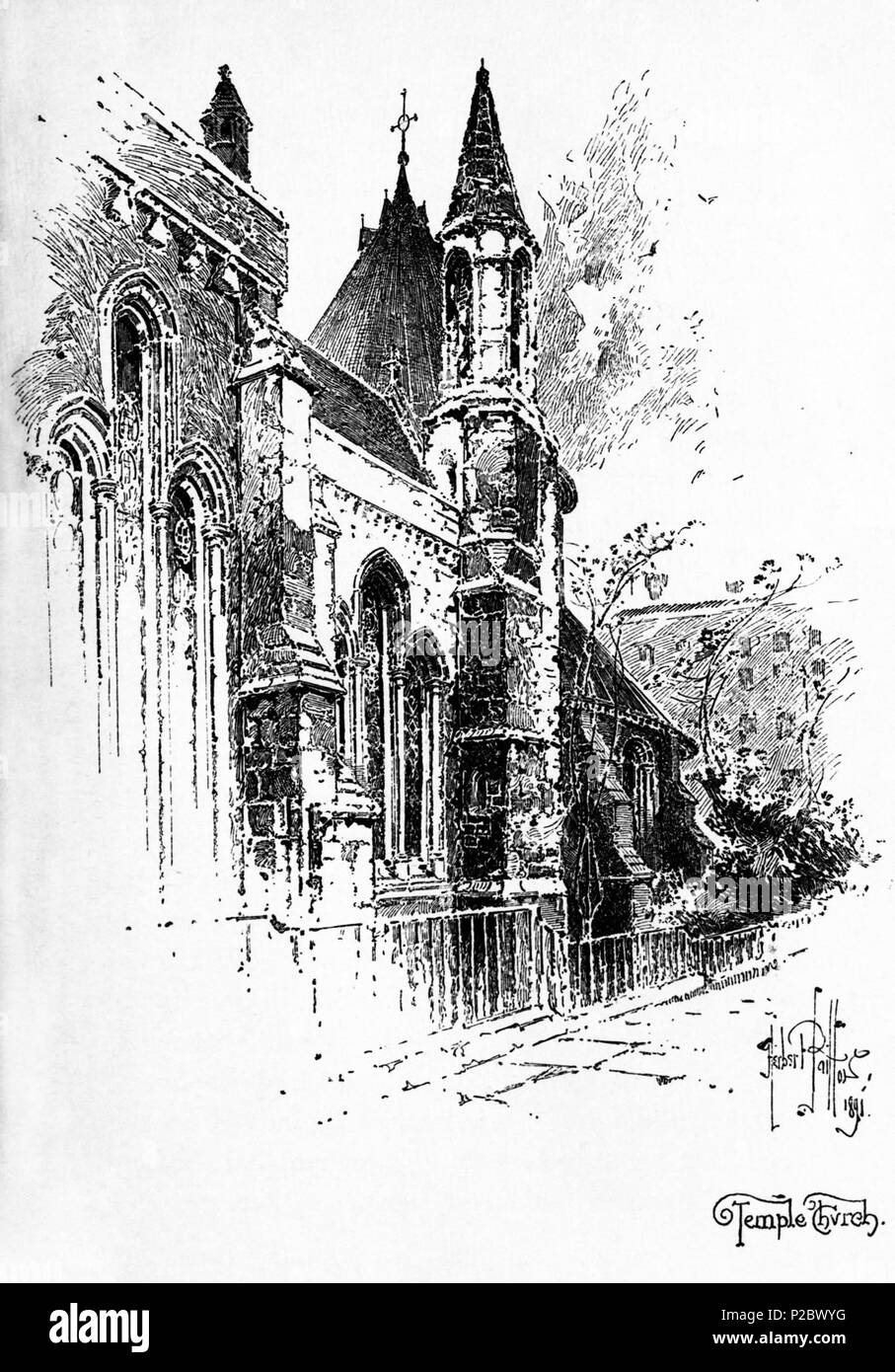 . English: Herbert Railton's illustration of Temple Church . 1891. Herbert Railton (1857–1910)[1] 146 Herbert Railton - Temple Church 2 (modified) Stock Photo