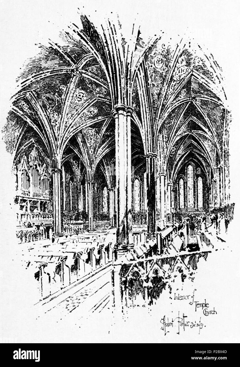 . English: Herbert Railton's illustration of the aisles of Temple Church . 30 December 1891. Herbert Railton (1857–1910)[1] 146 Herbert Railton - Interior of Temple Church 2 (modified) Stock Photo