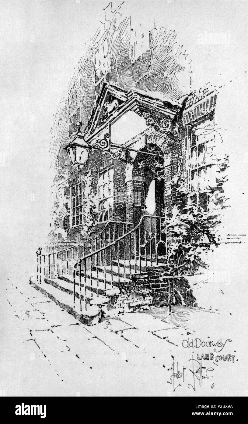 . English: Herbert Railton's illustration of an old doorway in Lamb Court, Inner Temple . circa 1895. Herbert Railton (1857–1910)[1] 146 Herbert Railton - Old Doorway, Lamb Court Stock Photo