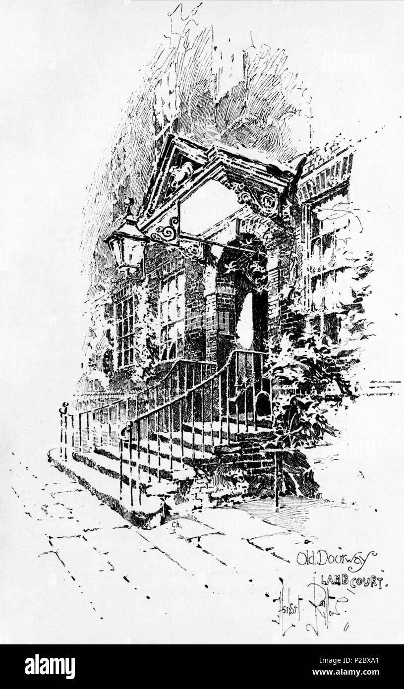 . English: Herbert Railton's illustration of an old doorway in Lamb Court, Inner Temple . circa 1895. Herbert Railton (1857–1910)[1] 146 Herbert Railton - Old Doorway, Lamb Court (modified) Stock Photo