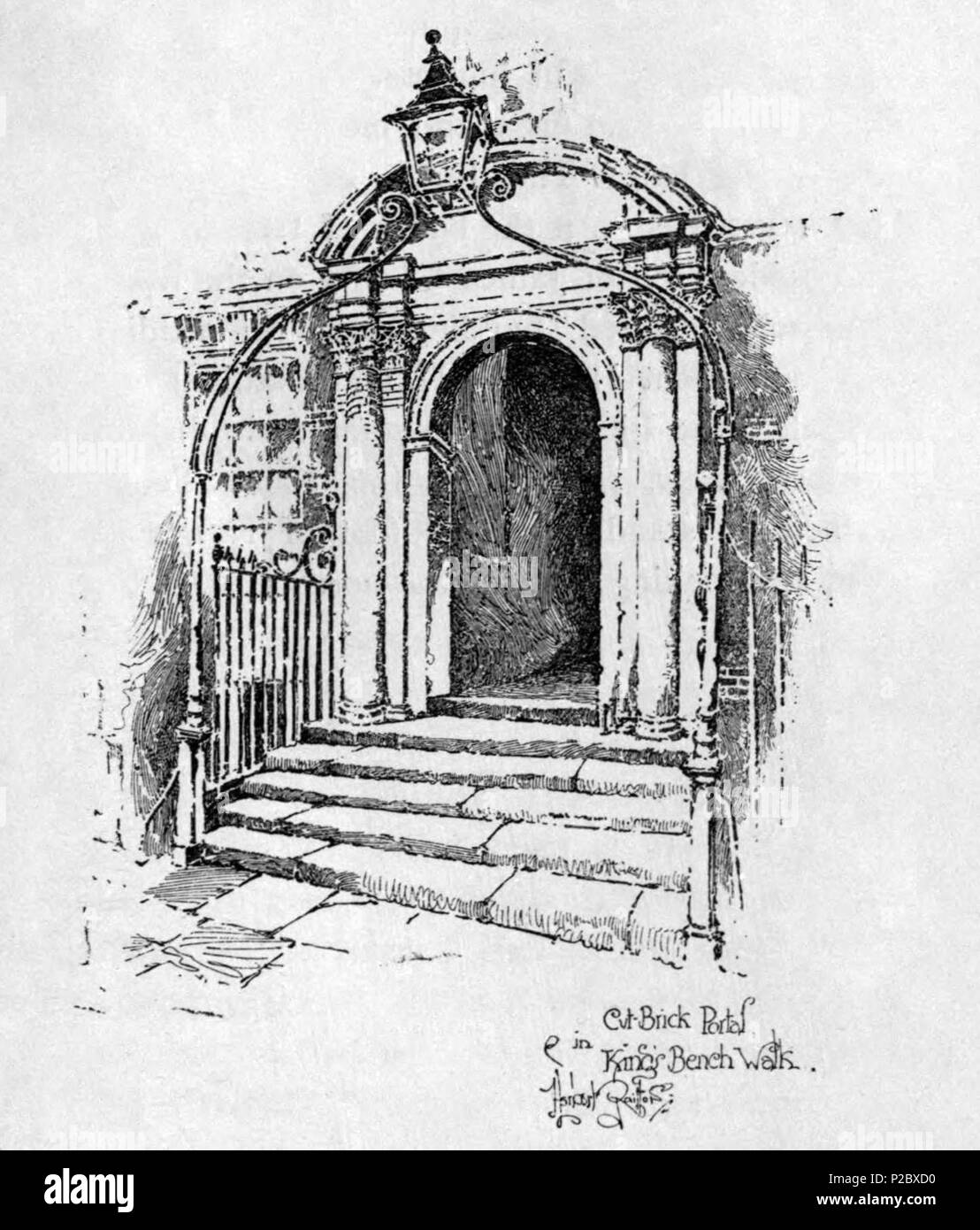 . English: Herbert Railton's illustration of a portal along King's Bench Walk . circa 1895. Herbert Railton (1857–1910)[1] 146 Herbert Railton - Cut-brick Portal in King's Bench Walk Stock Photo