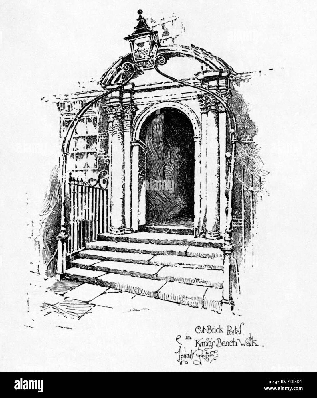 . English: Herbert Railton's illustration of a portal along King's Bench Walk . circa 1895. Herbert Railton (1857–1910)[1] 146 Herbert Railton - Cut-brick Portal in King's Bench Walk (modified) Stock Photo