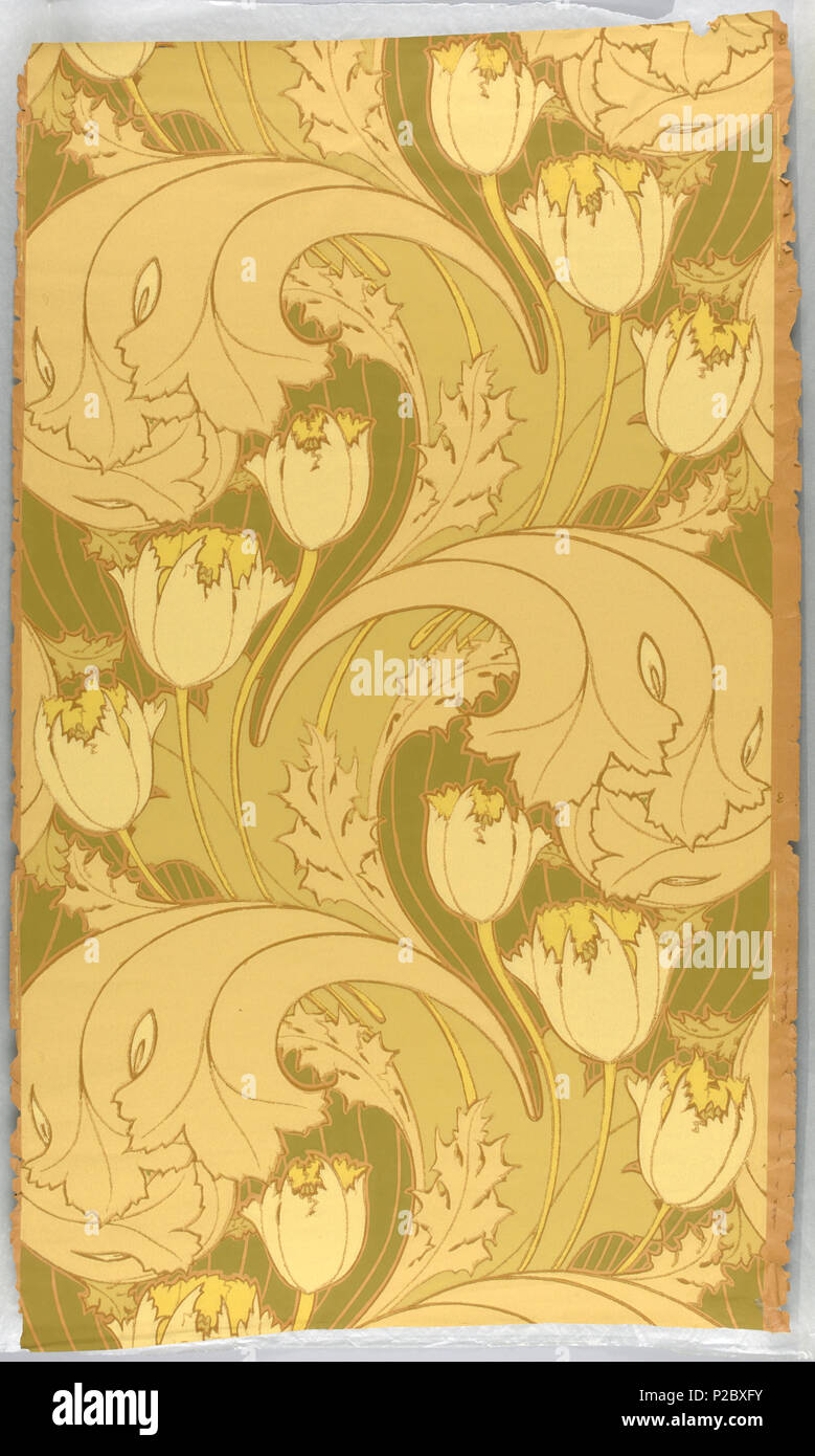 .  English: Sidewall (USA), 1895 .  English: Art nouveau design with large-scale tulips and scrolling acanthus leaves. Printed in shades of yellow and olive green. . 1895 290 Sidewall (USA), 1895 (CH 18482321) Stock Photo