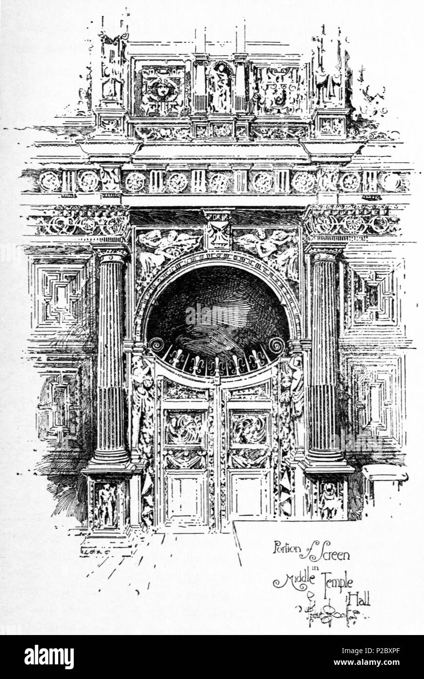 . English: Herbert Railton's illustration of a screen in Middle Temple Hall . circa 1895. Herbert Railton (1857–1910)[1] 146 Herbert Railton - Portion of Screen in Middle Temple Hall (modified) Stock Photo