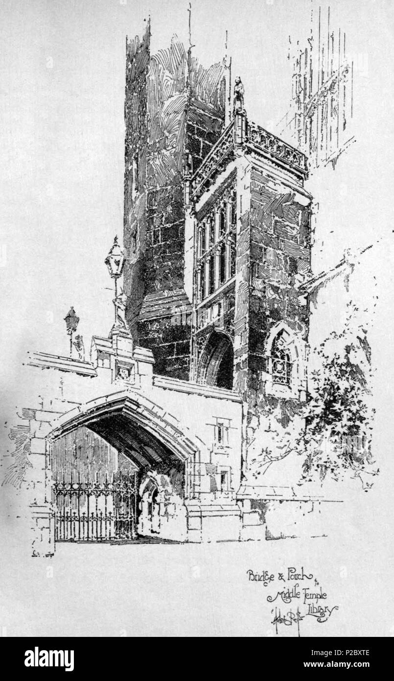 . English: Herbert Railton's illustration of the bridge and porch of Middle Temple Library . circa 1895. Herbert Railton (1857–1910)[1] 146 Herbert Railton - Bridge and Porch of Middle Temple Library Stock Photo