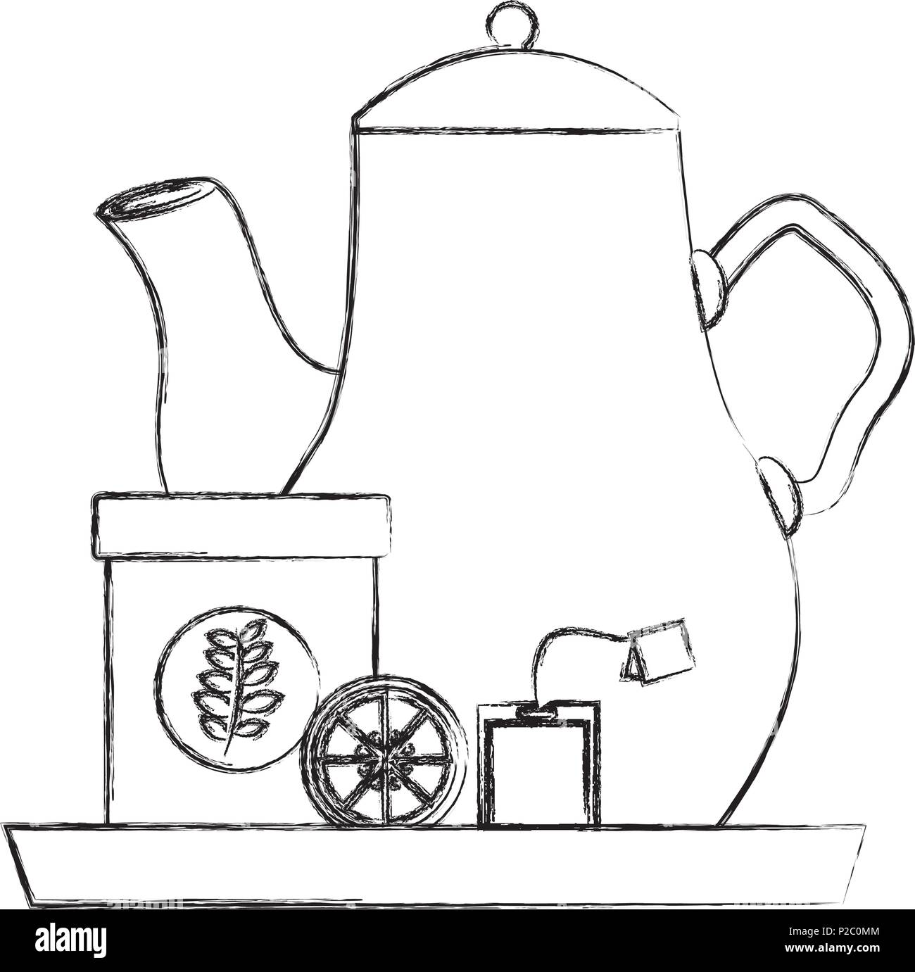 tea pot lemon and tea bag container on tray Stock Vector