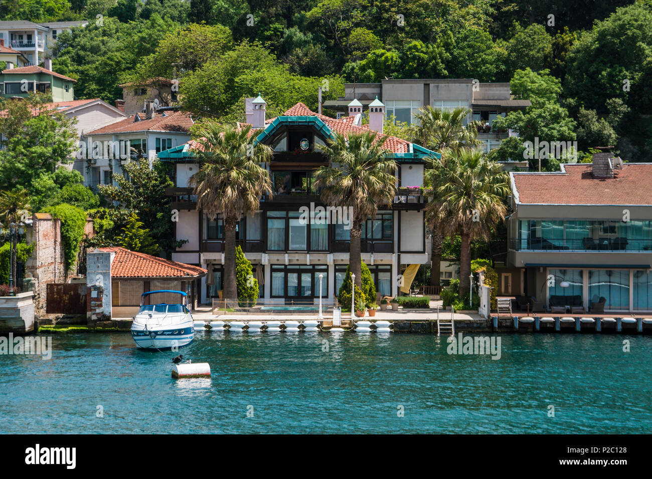 beautiful view of bosphorus coastline in istanbul with exquisite wooden houses and boat stock photo alamy