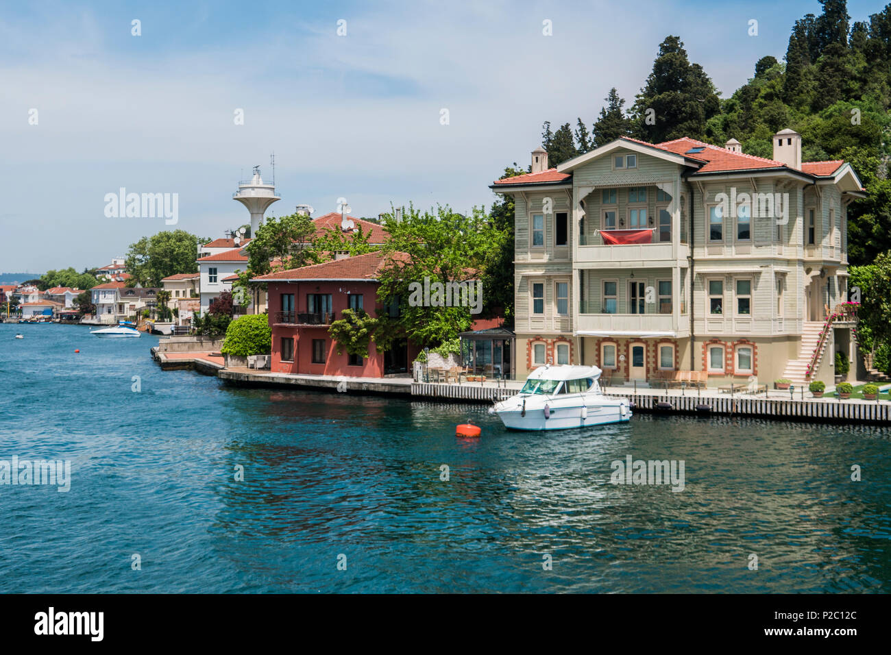 beautiful view of bosphorus coastline in istanbul with exquisite wooden houses and boat stock photo alamy