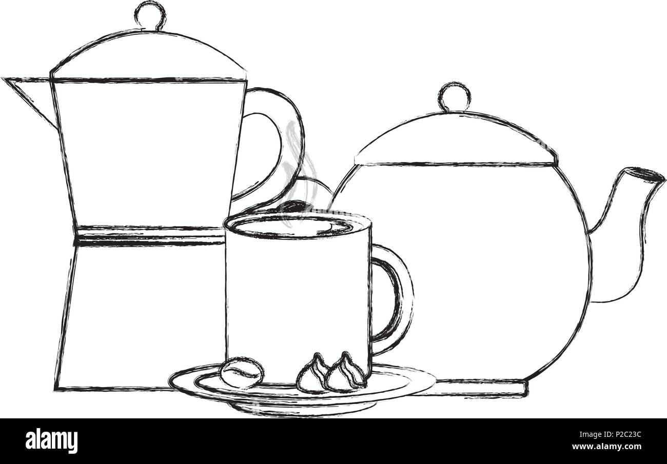 coffee maker and teapot cup and cocoa nuts chocolate Stock Vector Image