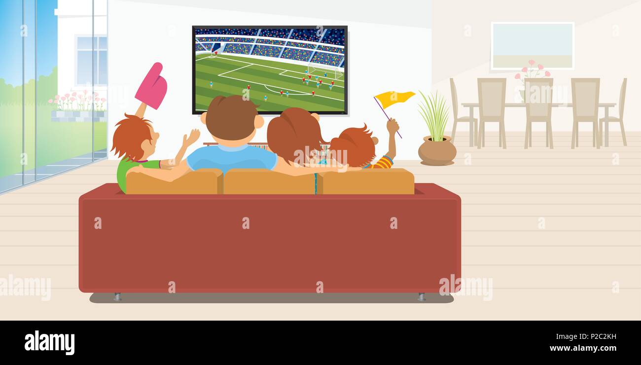 Family of 4 members sitting on a red sofa in their living room inside their house watching a soccer game on a large flat television during the day Stock Vector