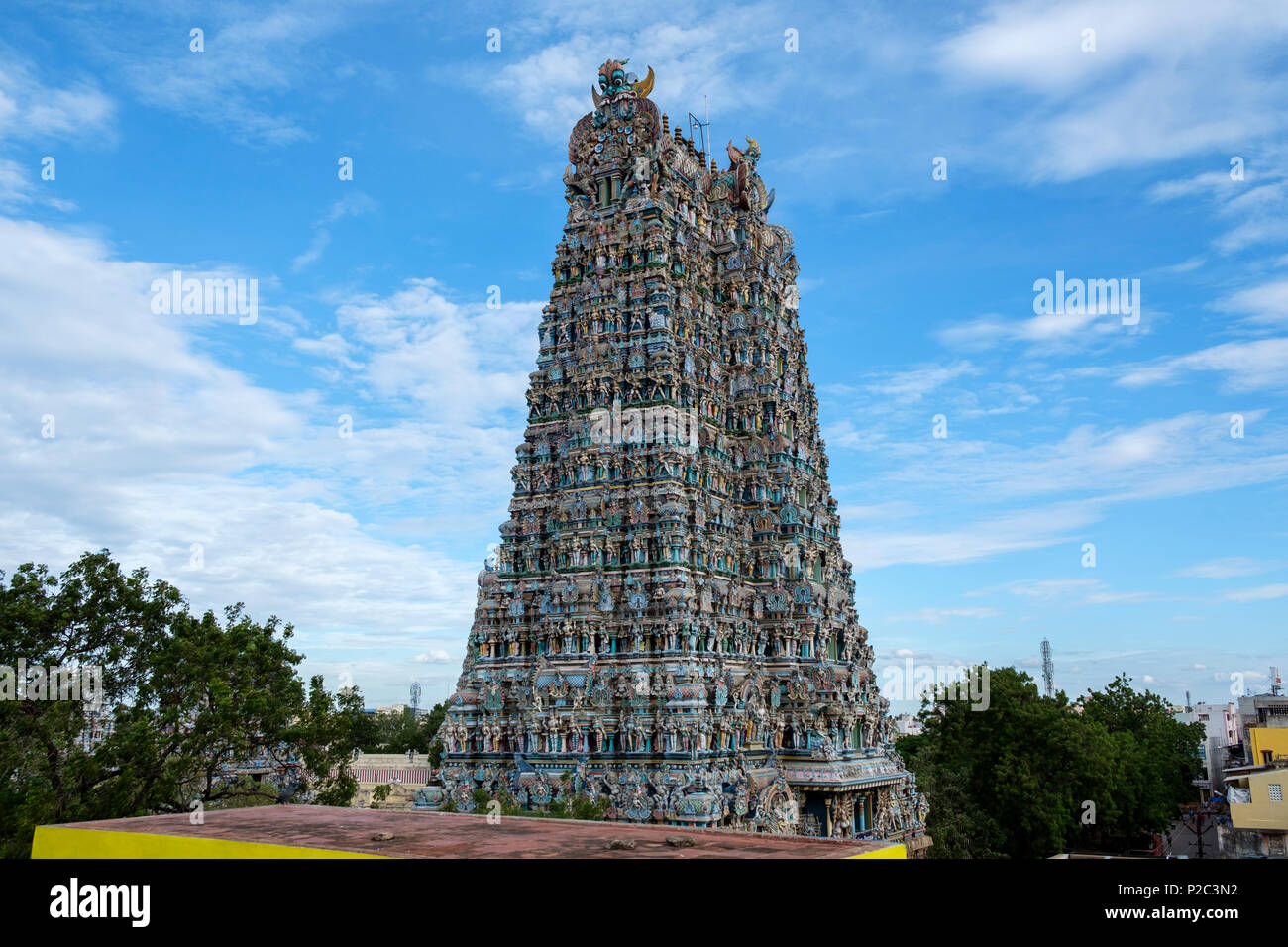 West 'gopuram' (tower gate) of Meenakshi Amman, a Hindu temple in Madurai, Tamil Nadu, India. Stock Photo