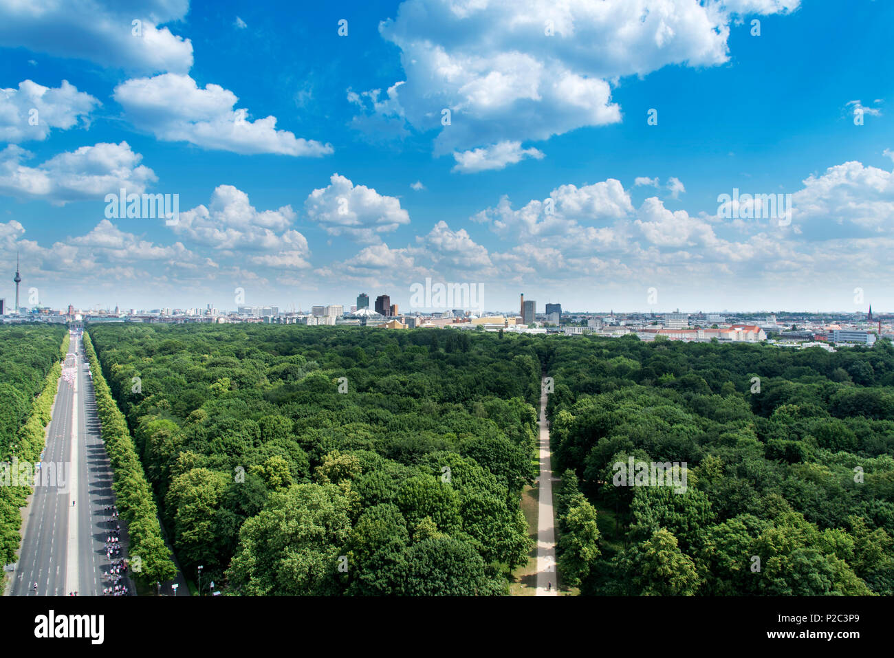 an aerial view of the Tiergarten park in Berlin, Germany, with the skyline of the city in the background, highlighting the Fernsehturm television towe Stock Photo