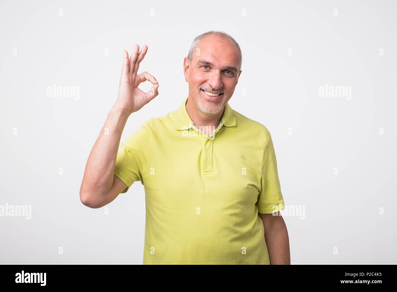 A handsome man in checkered shirt isolated on gray background showing ok sign Stock Photo
