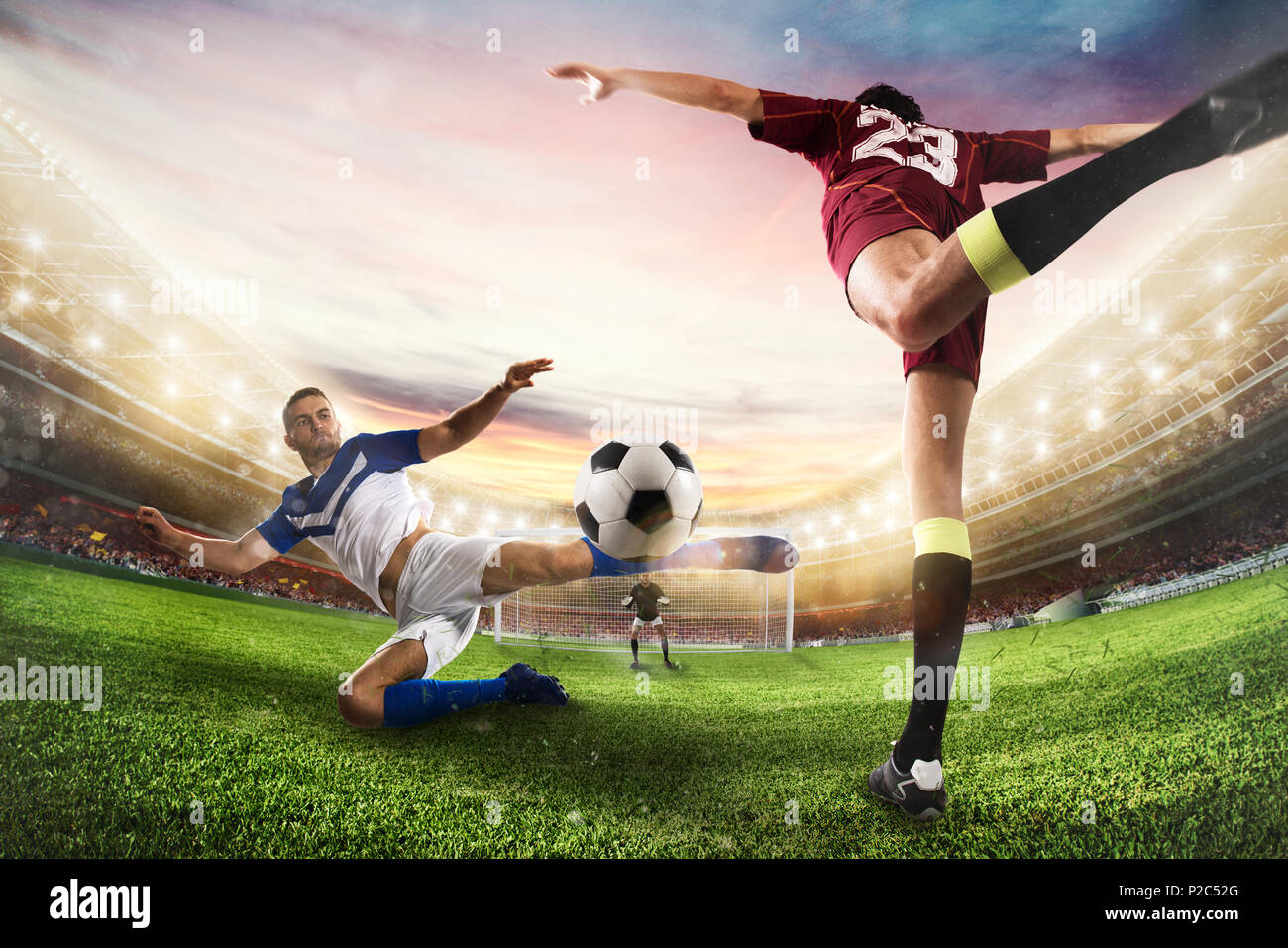 Soccer striker hits the ball with an acrobatic kick. 3D Rendering Stock Photo