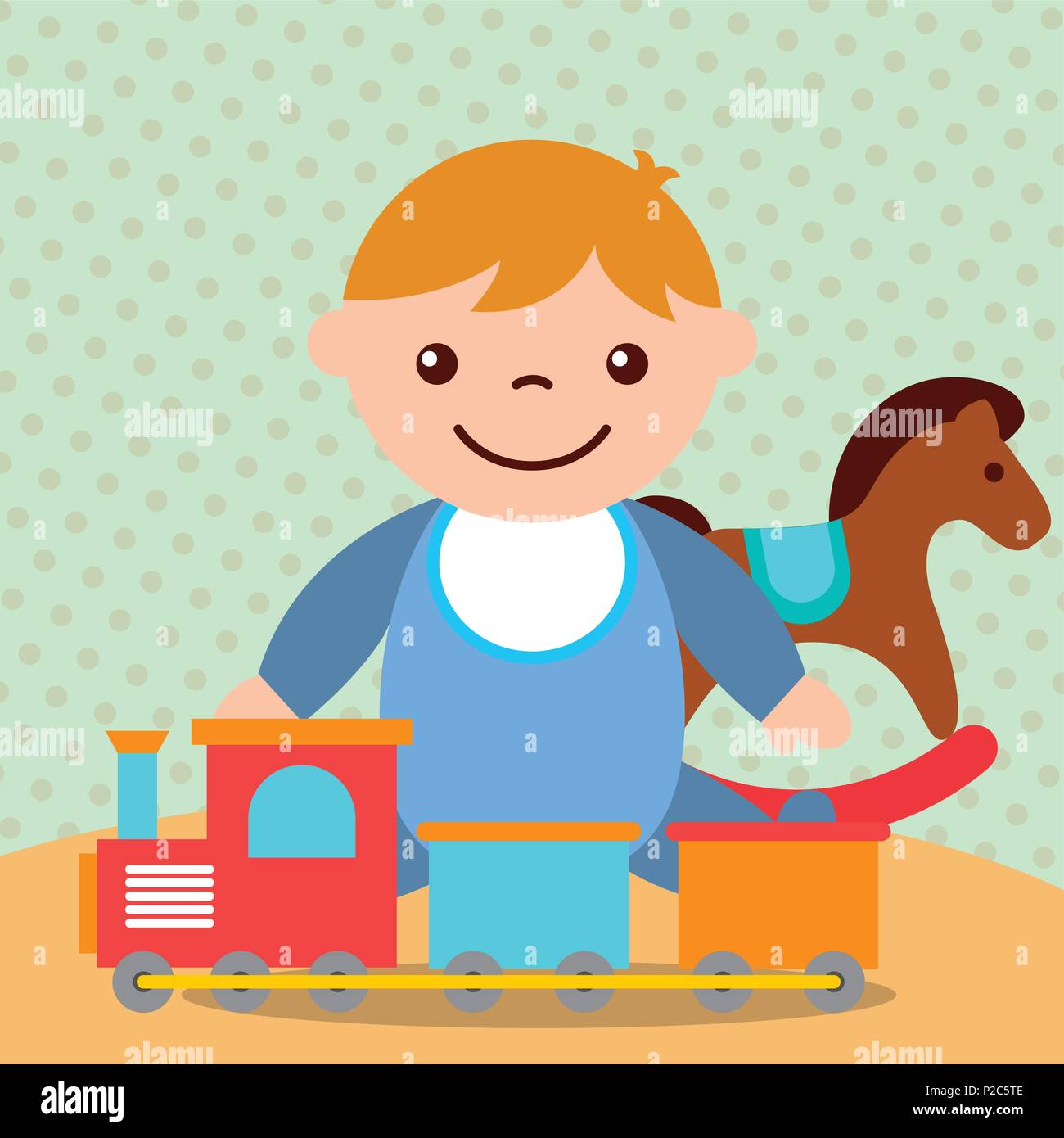 cute toddler boy with rocking horse train wagons toys Stock Vector