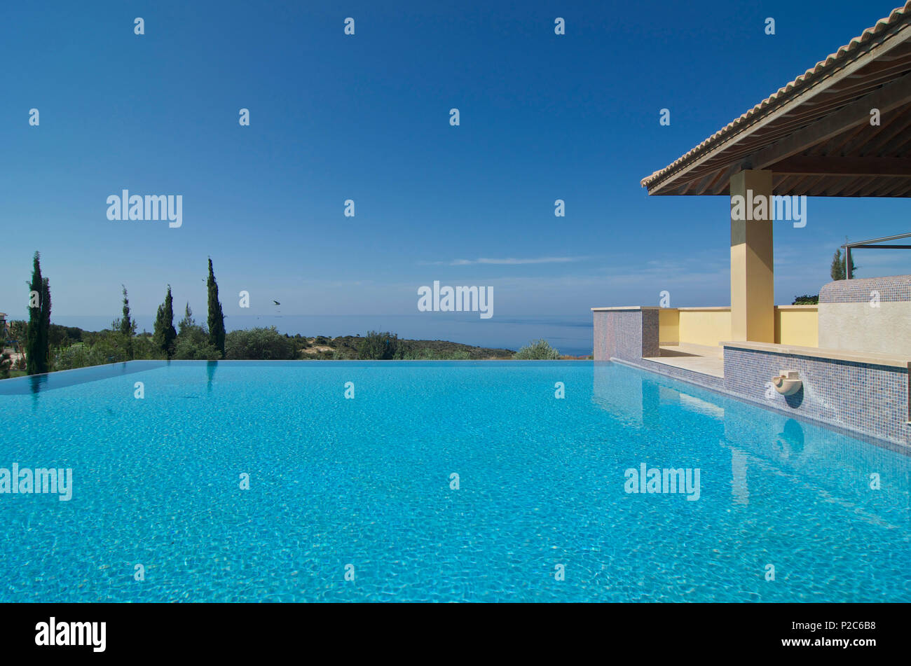 Pool with seaview in the spa of the Aphrodite Hills Intercontinental Resort Hotel, Paphos district, Cyprus Stock Photo