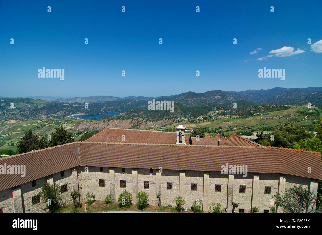 View over Chrysoroyiatissa Monastery in Pano Panagia, Troodos mountains, Cyprus Stock Photo