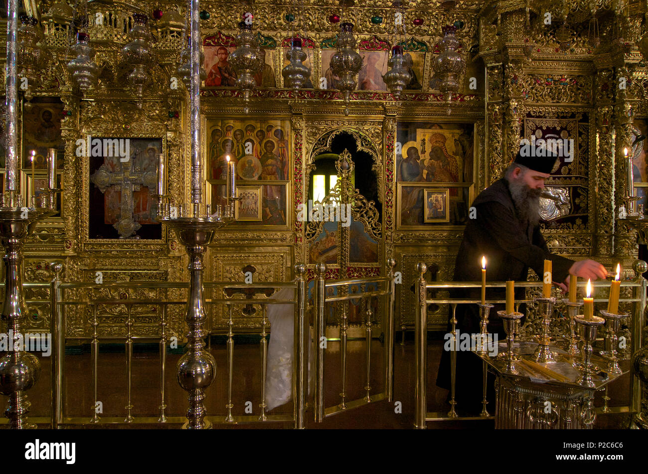 View into the greek orthodox church of Kykko Monastery, altar with icons, Troodos mountains, Cyprus Stock Photo
