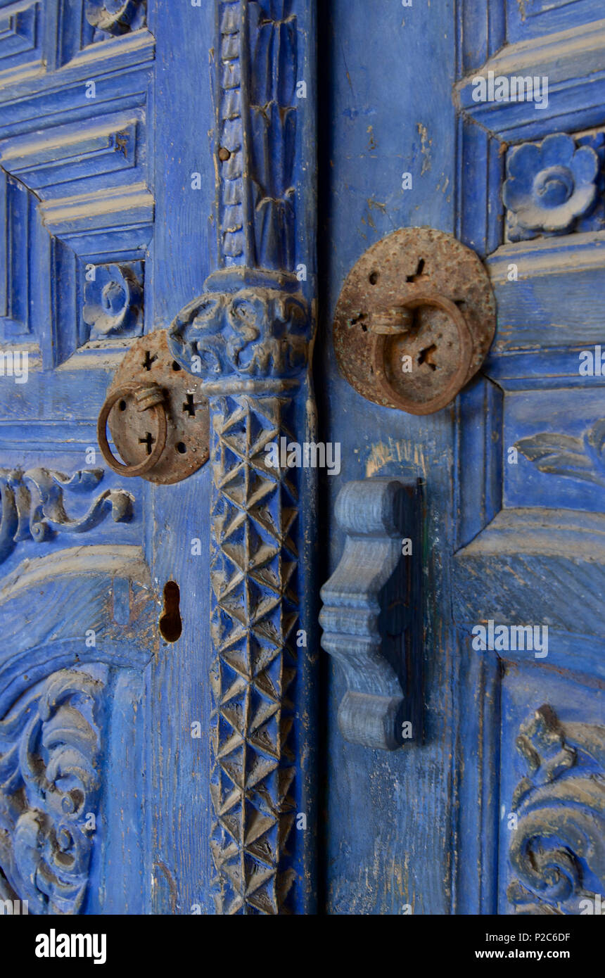 Blue wooden door in Odomos south of the Troodos mountains, Cyprus Stock Photo