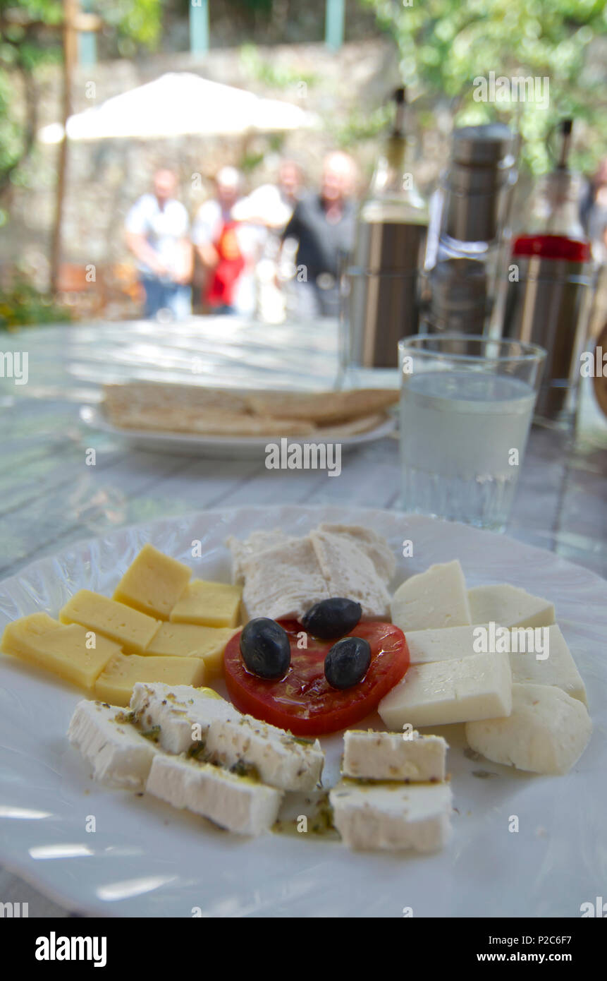 Cheese platter on a table in Gourri village about 30km westl of Lefkosia, Nicosia, Cyprus Stock Photo