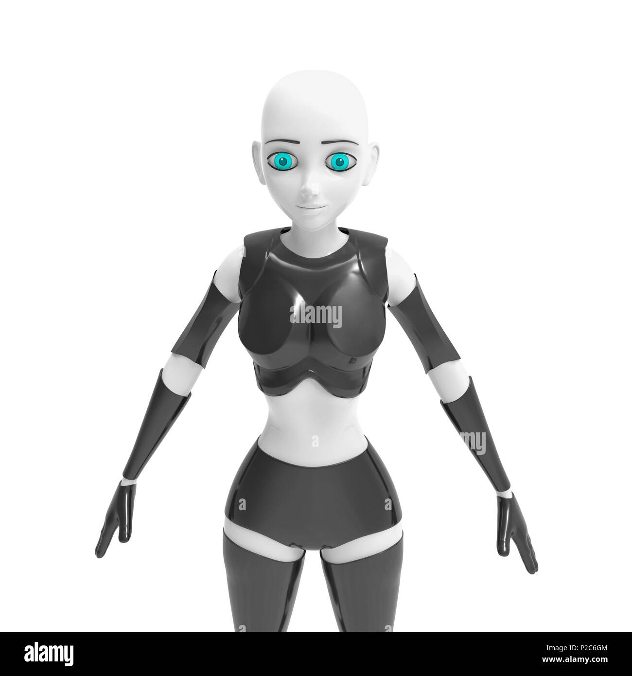Robotic woman with real face. Futuristic silver robotic woman in front angle, 3d rendering Stock Photo