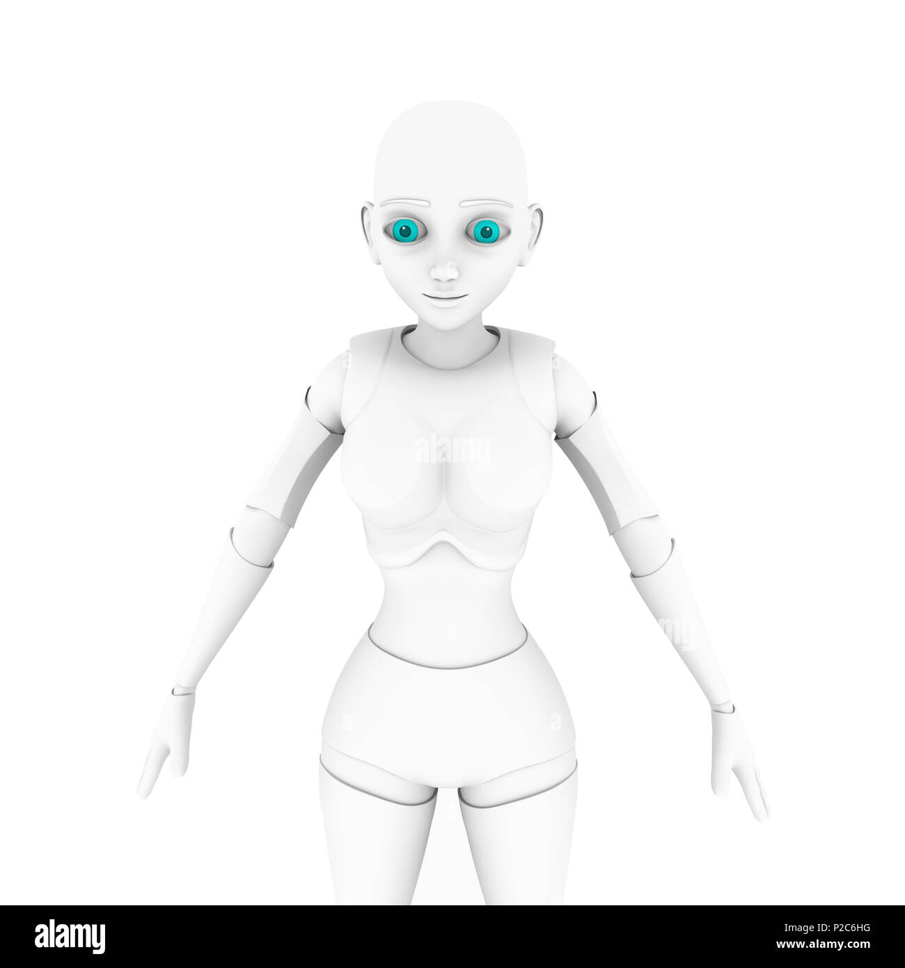 Robotic woman with real face. Futuristic silver robotic woman in front angle, Isollated on white, 3d rendering Stock Photo