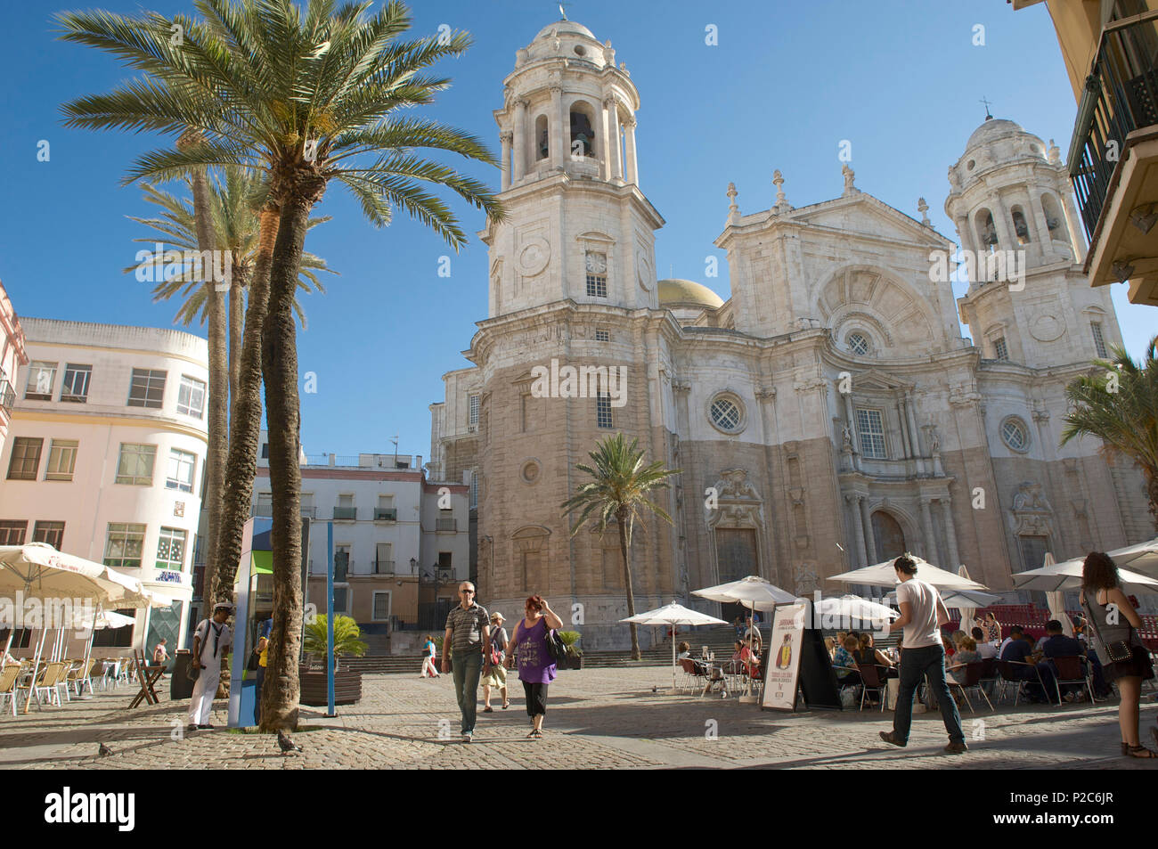 square in front of the cathedral with restaurants, Cadiz, Andalusia, Spain, Europe Stock Photo