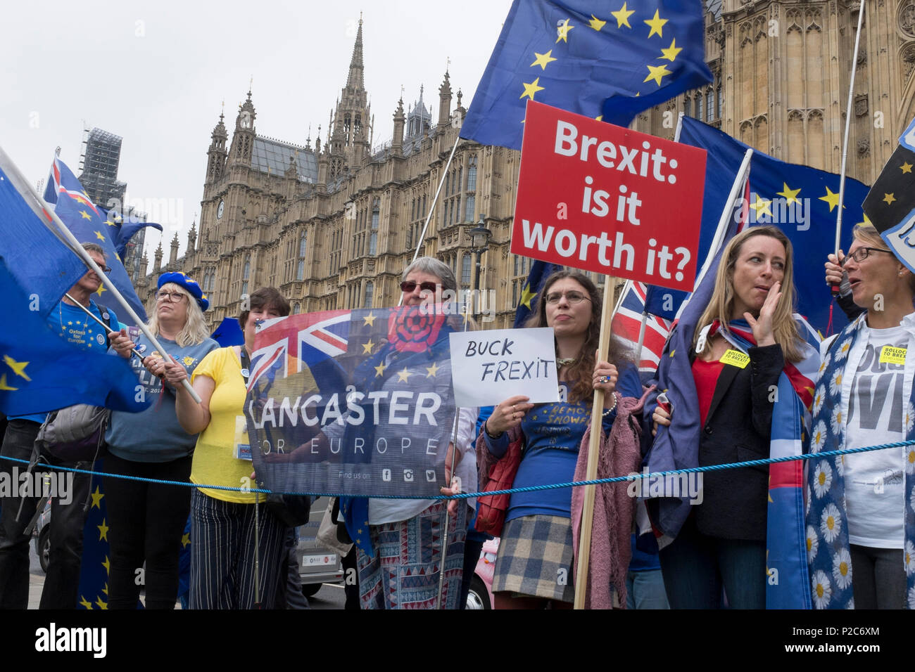 Anti-brexit protestors gather outside the British Houses of Parliament in Westminster, on 12th June 2018, in London, England. Stock Photo