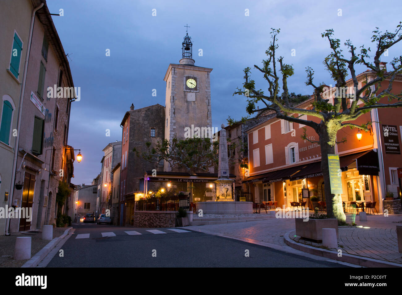 Evening ambiance on the village square of Aiguines, Var department, Provence-Alpes-Cote d’Azur region, France Stock Photo