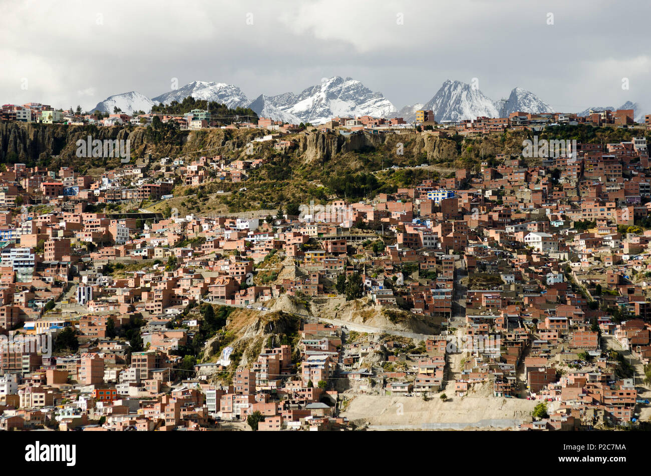 The upper parts of the city of La Paz with surrounding summits of the Andes, Bolivia Stock Photo