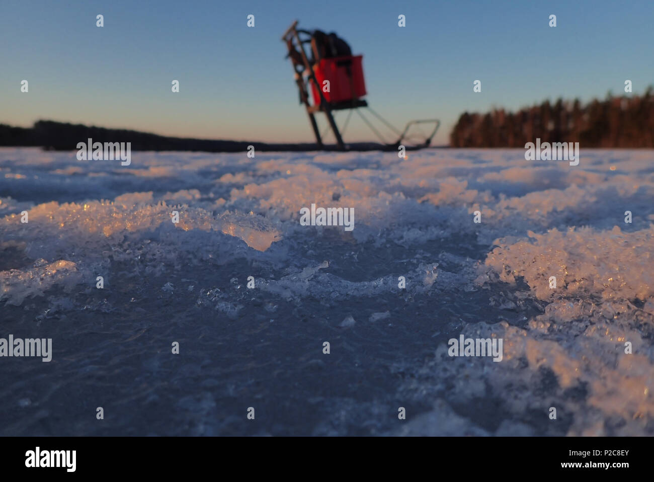 Kicksled: Sport utility vechicle for nature photographer. Lake Kukkia, Finland. 11.4.2018. Stock Photo