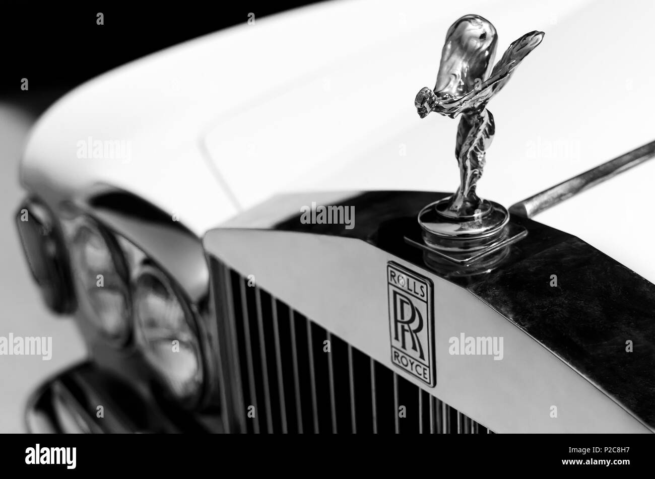 Heraklion, Crete / Greece. Close up view of the hood ornament 'Spirit of Ecstasy' and the logo of a vintage Rolls Royce car Stock Photo