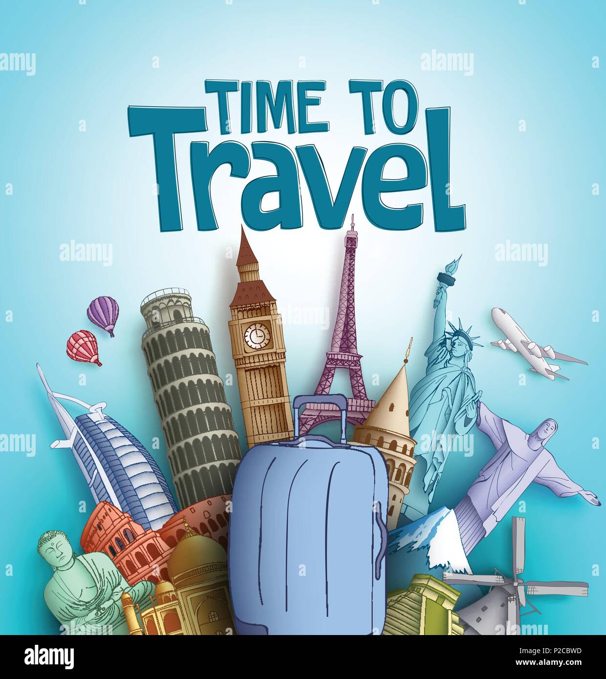 Time to travel vector design with famous tourism destinations and landmarks  of the world and traveling bag element in blue background. Vector Stock  Vector Image & Art - Alamy